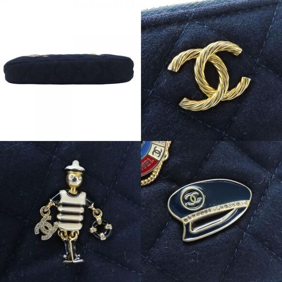 Chanel Shoulder Bag Marine Cotton Leather Navy Gold Hardware Crossbody Pochette - Picture 3 of 9